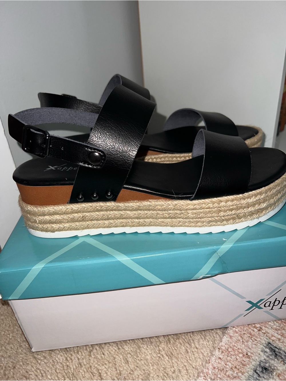 Xappeal Black and Tan Espadrille Platform Slingback Sandals